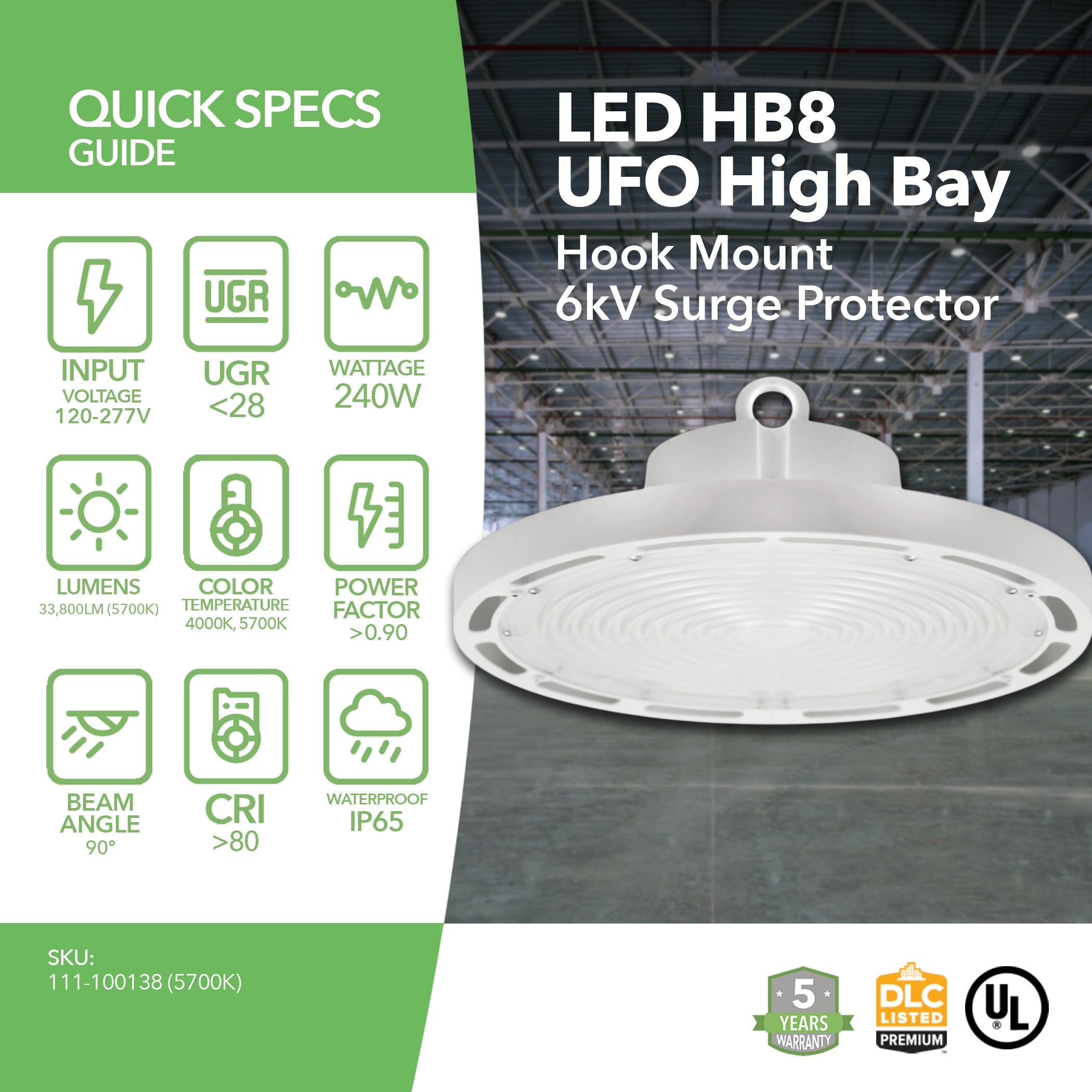 LED High Bay - 240W - 33,800 Lumens - HB8 - Hook Mount - 6kV Surge Protector - UFO Series - White - UL+DLC5.1
