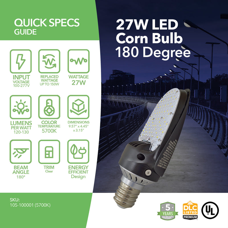 27W LED Corn Bulb - 180 Degree - Directional Corn Bulb-E39 - (UL+DLC) - 5 Year Warranty