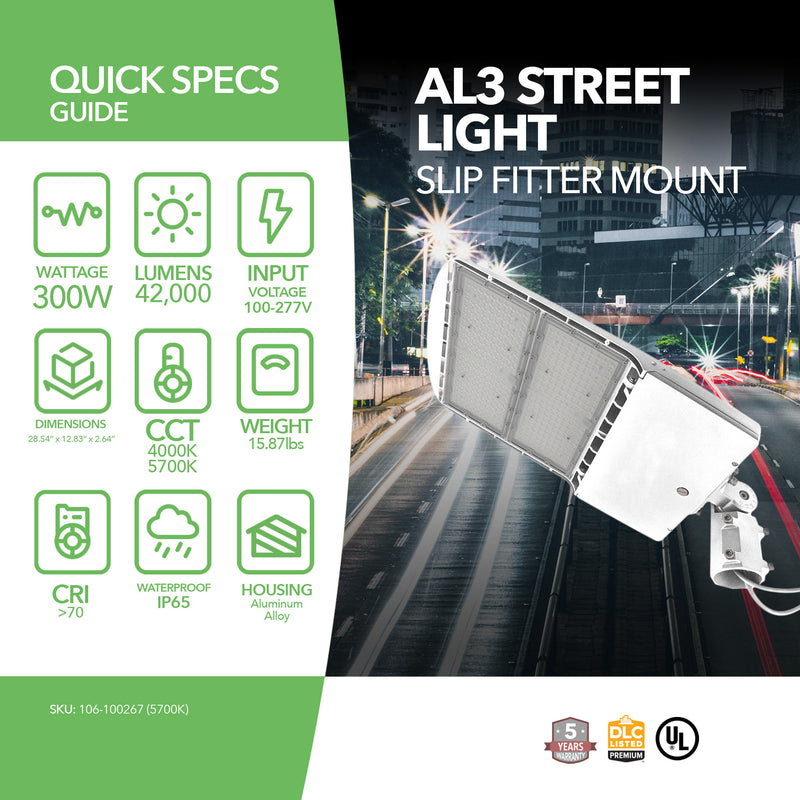 LED Street Light - 300W - 42,000 Lumens - Shorting Cap - Slip Fitter Mount - AL3 Series - White - UL+DLC