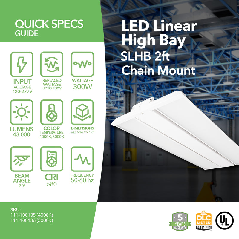 LED Linear High Bay - 300W - SLHB - Frosted Lens - 2ft - Chain Mount - (UL+DLC)