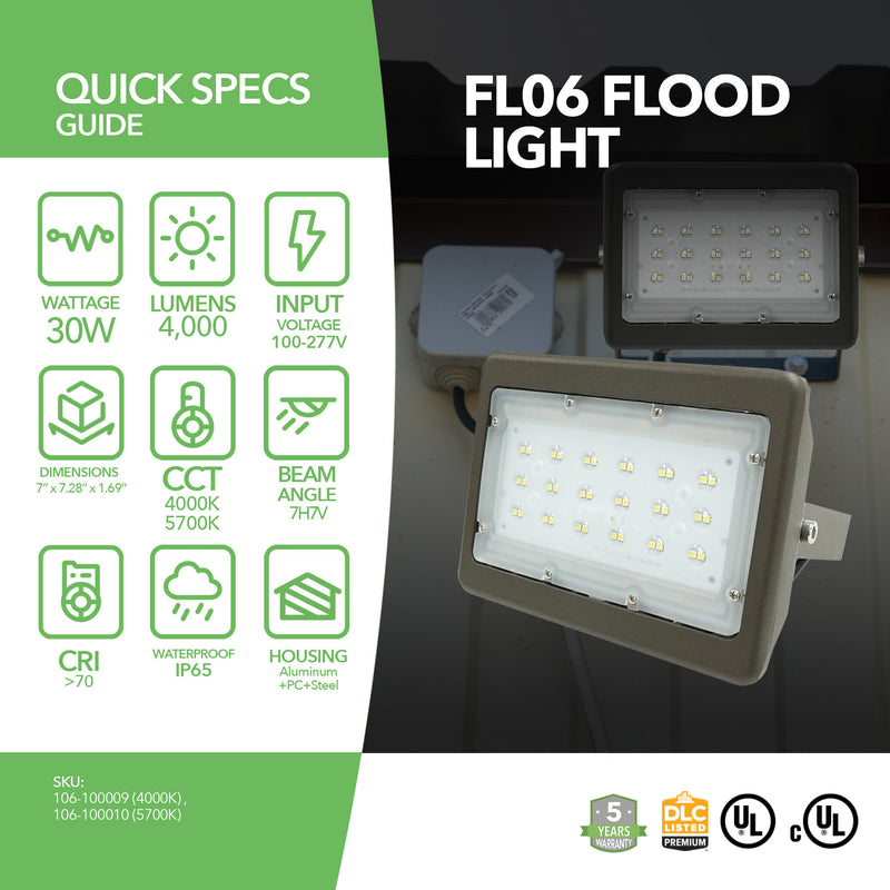 LED Flood Light - 30W - (UL+DLC) - 5 Year Warranty