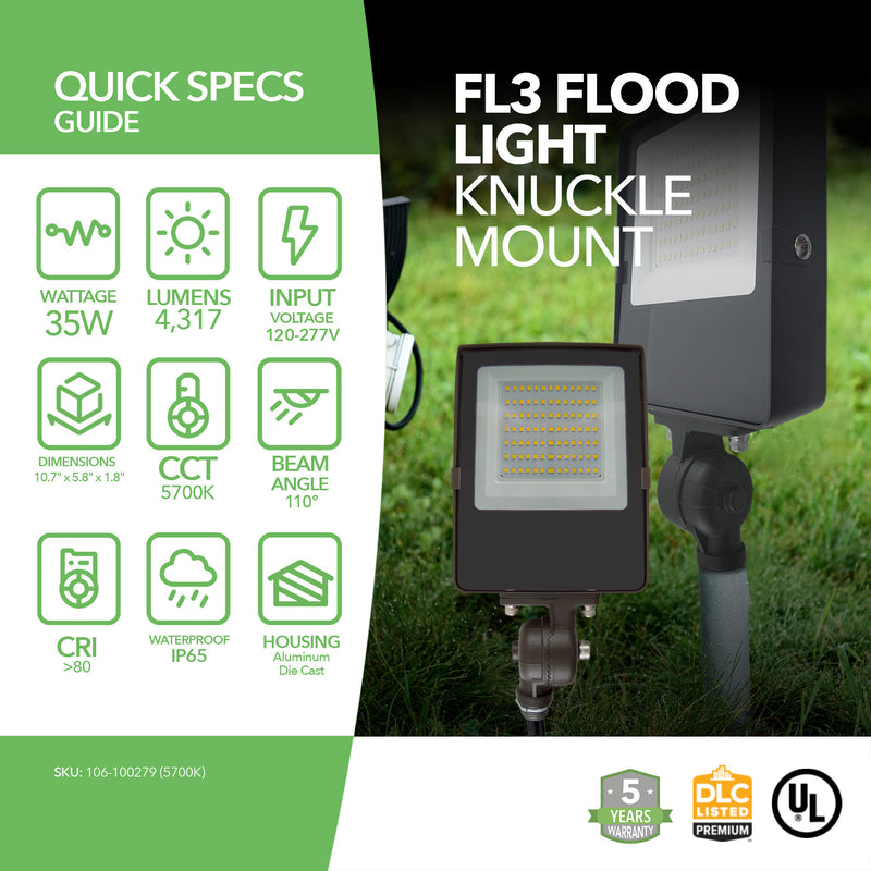 LED Flood Light - FL3 - 35W - 4317lm - Knuckle Mount - Landscape- (UL+DLC)