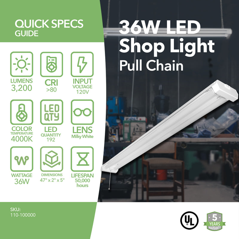 4ft LED Shop Light - 36W - Linkable - Pull Chain - (UL)
