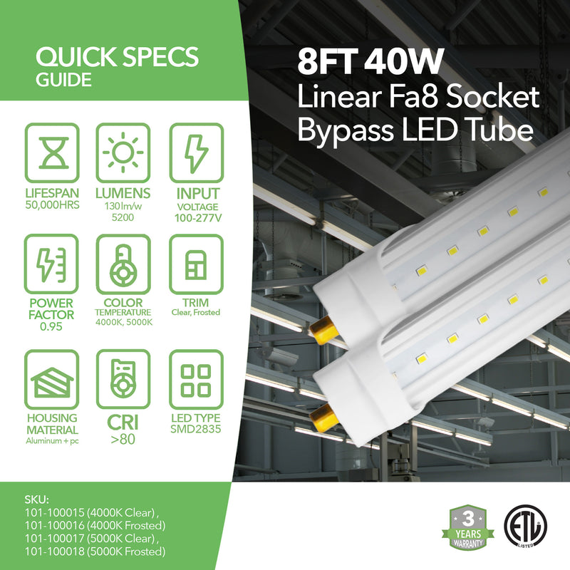 specifications of 8ft LED Tube Light 40W