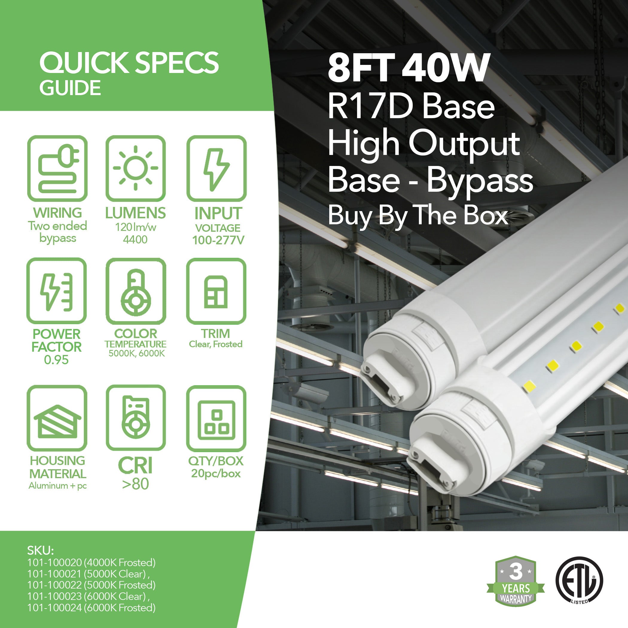 8ft 40W LED Tube - R17D Base - Frosted / Clear – 1 Pack or Box of 20 (ETL Certified)