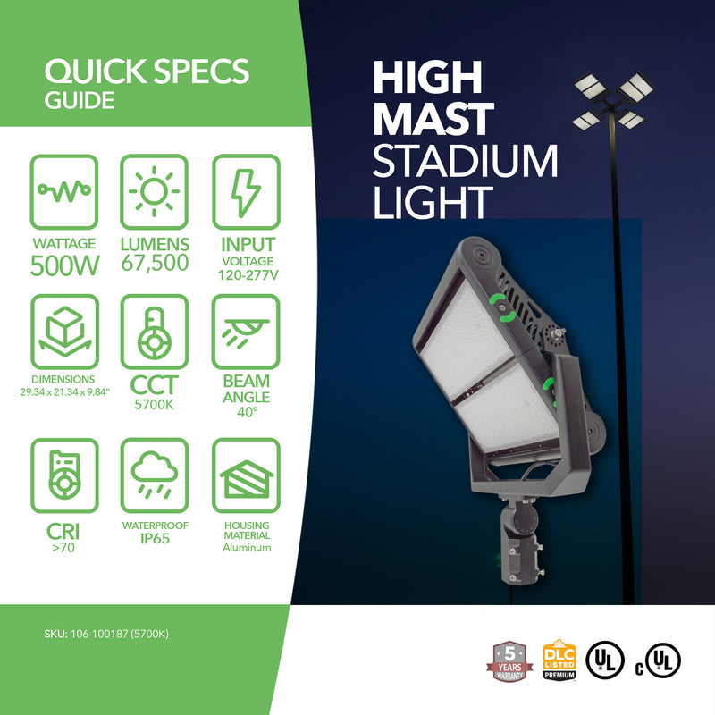 500W LED High Mast Light - 67,500 Lumens - 5 Year Warranty