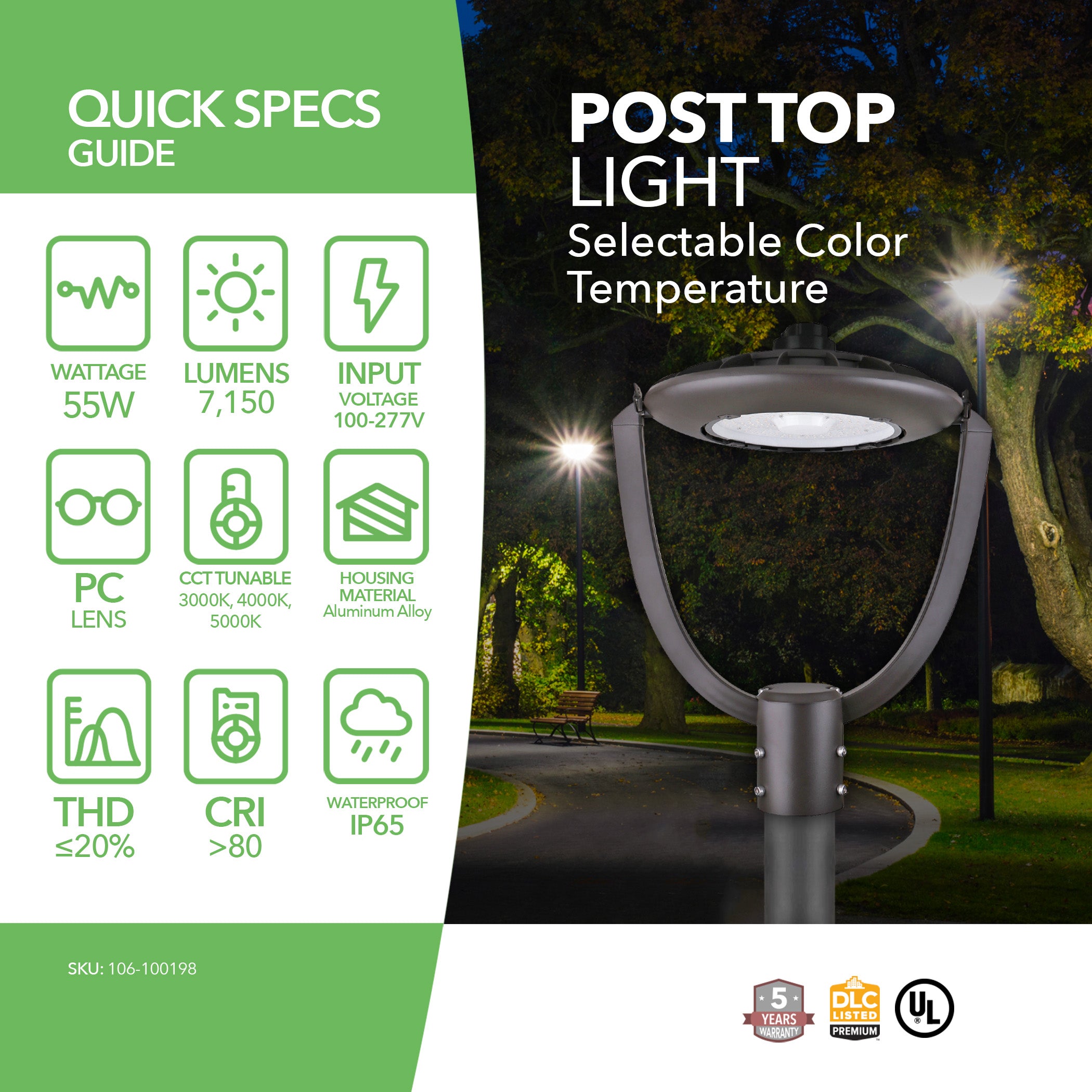 LED Post Top Lamp – 55W – Outdoor LED Post Top Light – Selectable 3000K/4000K/5000K – Bronze – UL & DLC 5.1 Premium