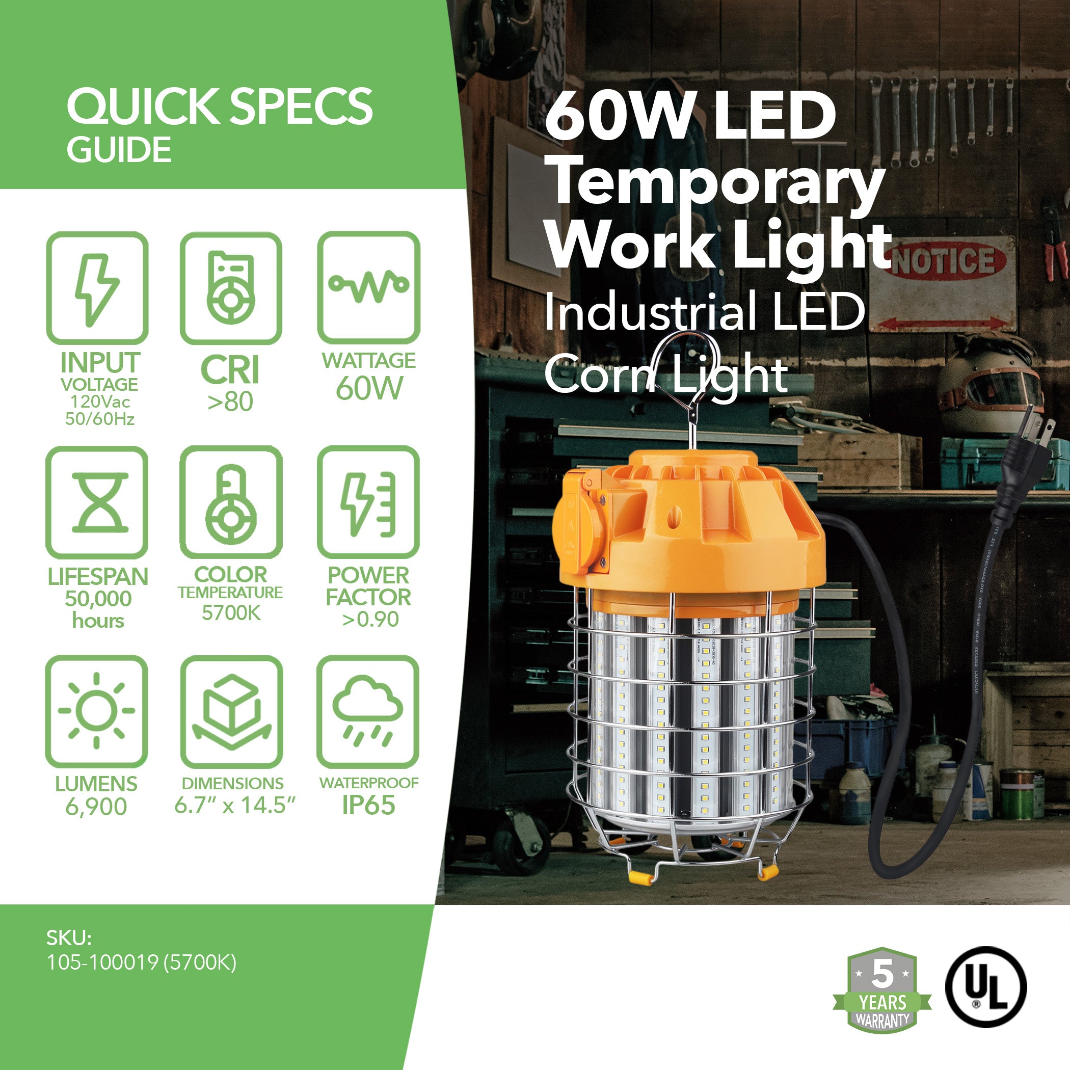 60W LED Temporary Construction Light - 7800 Lumens - Hook Mount - Linkable - UL