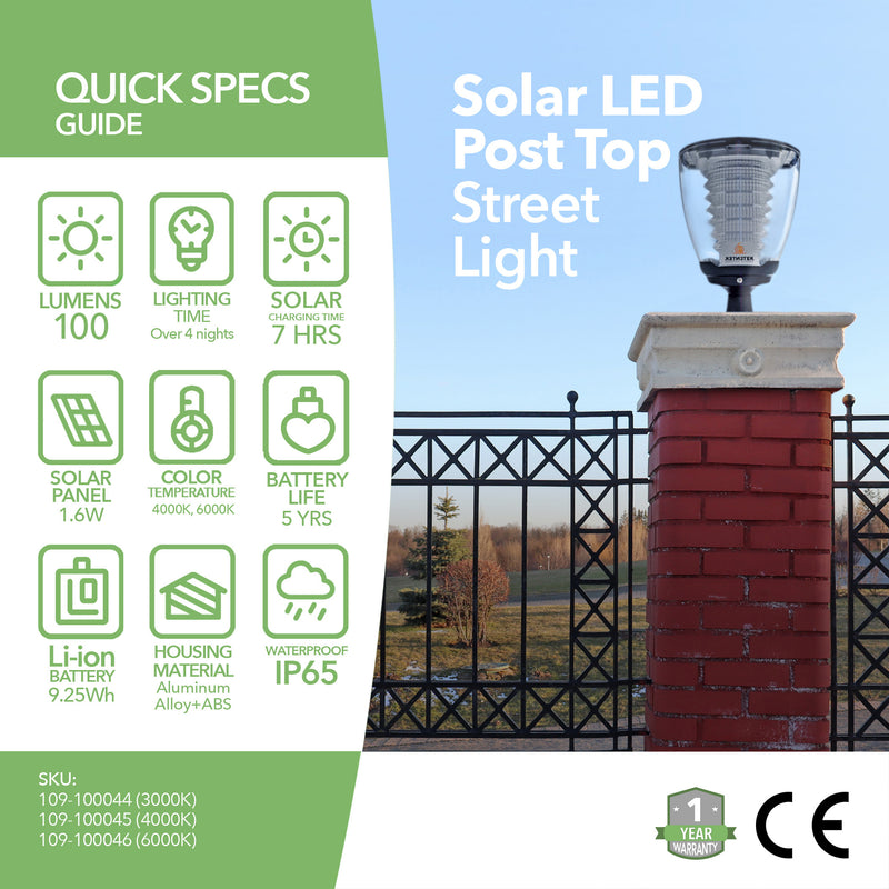 Solar LED Post Top - LED Street Light - 100Lm