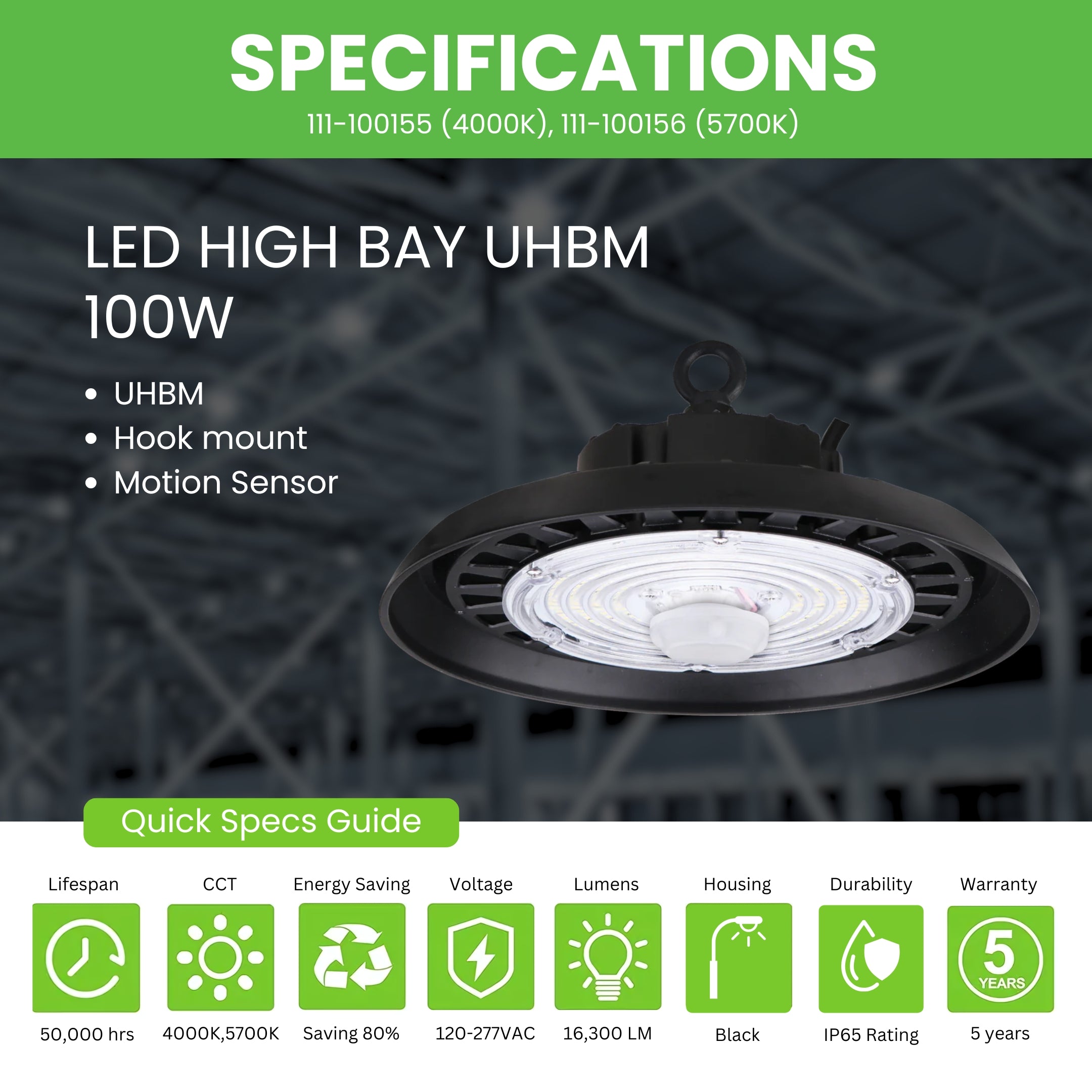 LED High Bay - 100W - 16,300 Lumens - Motion Sensor - UHBM - Hook Mount - UL+DLC5.1