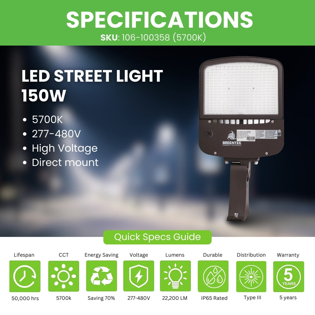 LED Street Light - 150W - 22,200 Lumens - Shorting Cap - Direct Mount - AL5 Series - High Voltage - UL+DLC 5.1