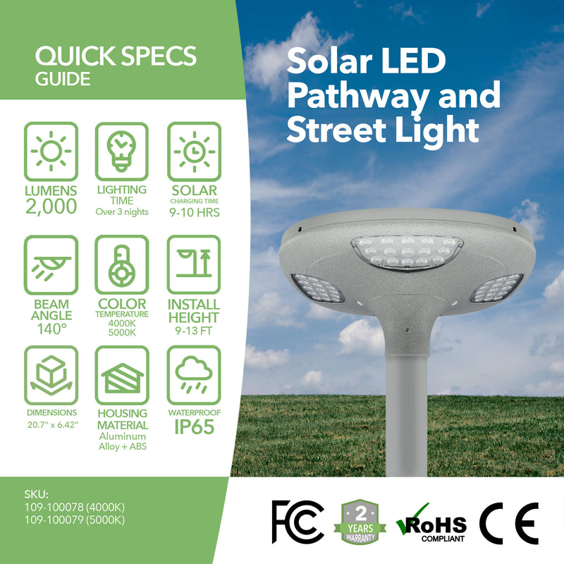 2000 Lumen Solar Post Top - LED Pathway And Street Light