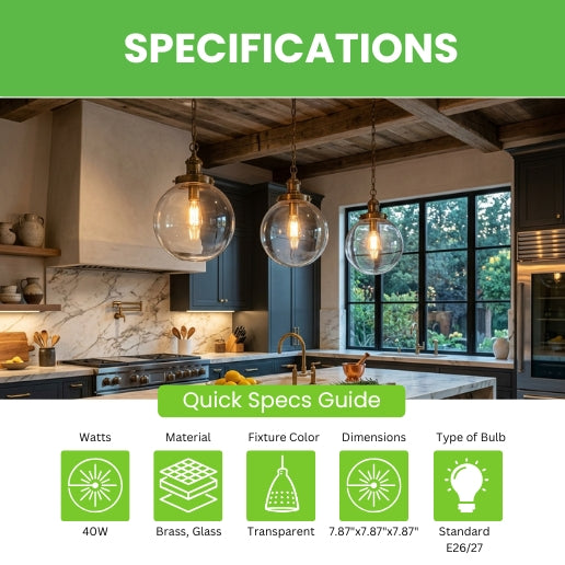 Industrial Clear Glass Globe Pendant Light – Modern Brass Hanging Ceiling Fixture for Kitchen Island, Dining Room, Cafe & Restaurant – E26/E27 Socket
