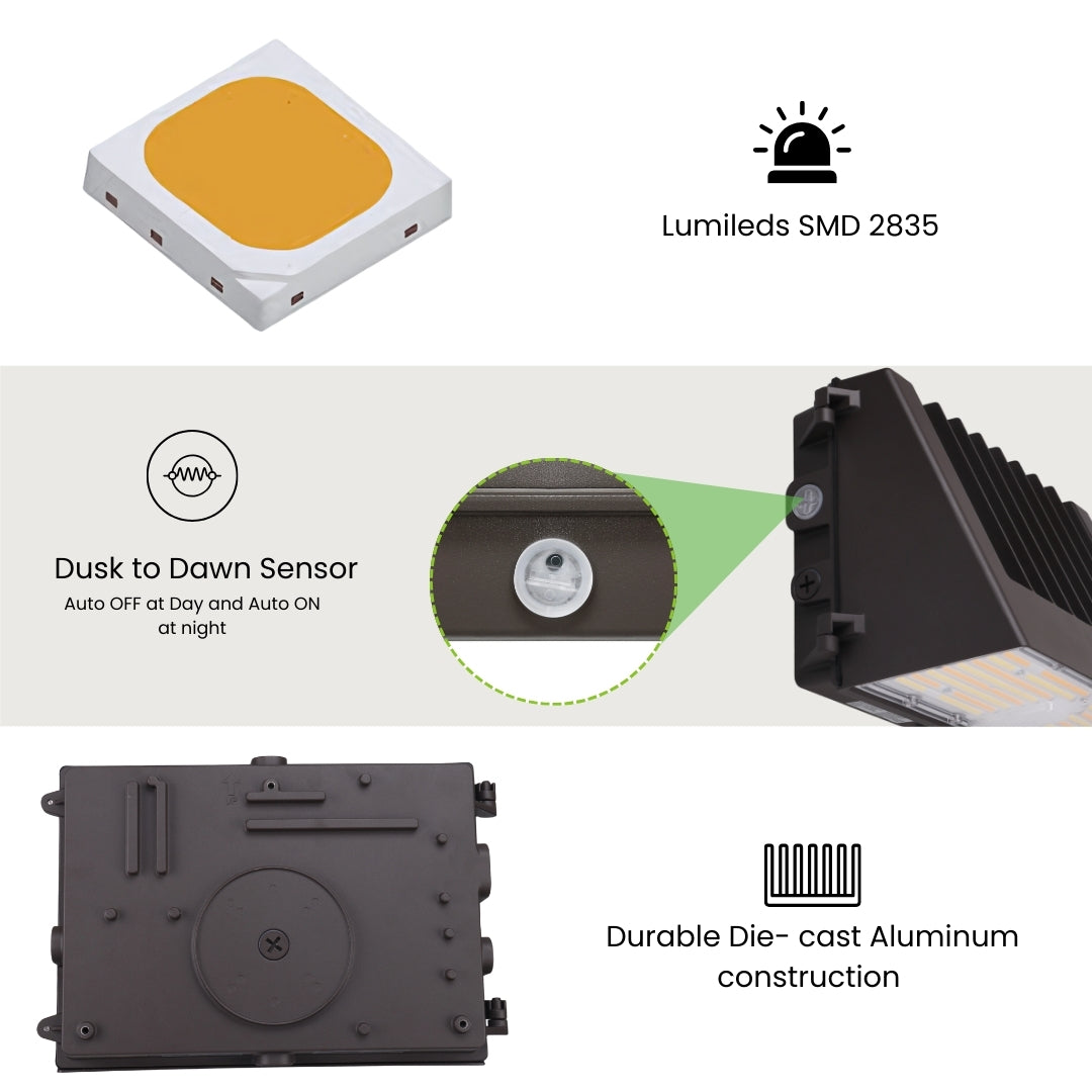LED Wall Pack Light - Full Cutoff - Wattage Selectable (150W/120W/100W) - CCT Tunable - Dark Sky - Photocell Included - Surge Protective Device - DLC Listed