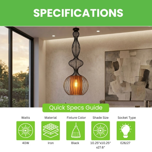 Modern Black Wire Frame Pendant Light with Diffuser – E26/E27 Hanging Ceiling Fixture