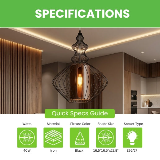 Black Wire Frame Pendant Light – Airy Industrial Hanging Ceiling Fixture E26/E27 40W