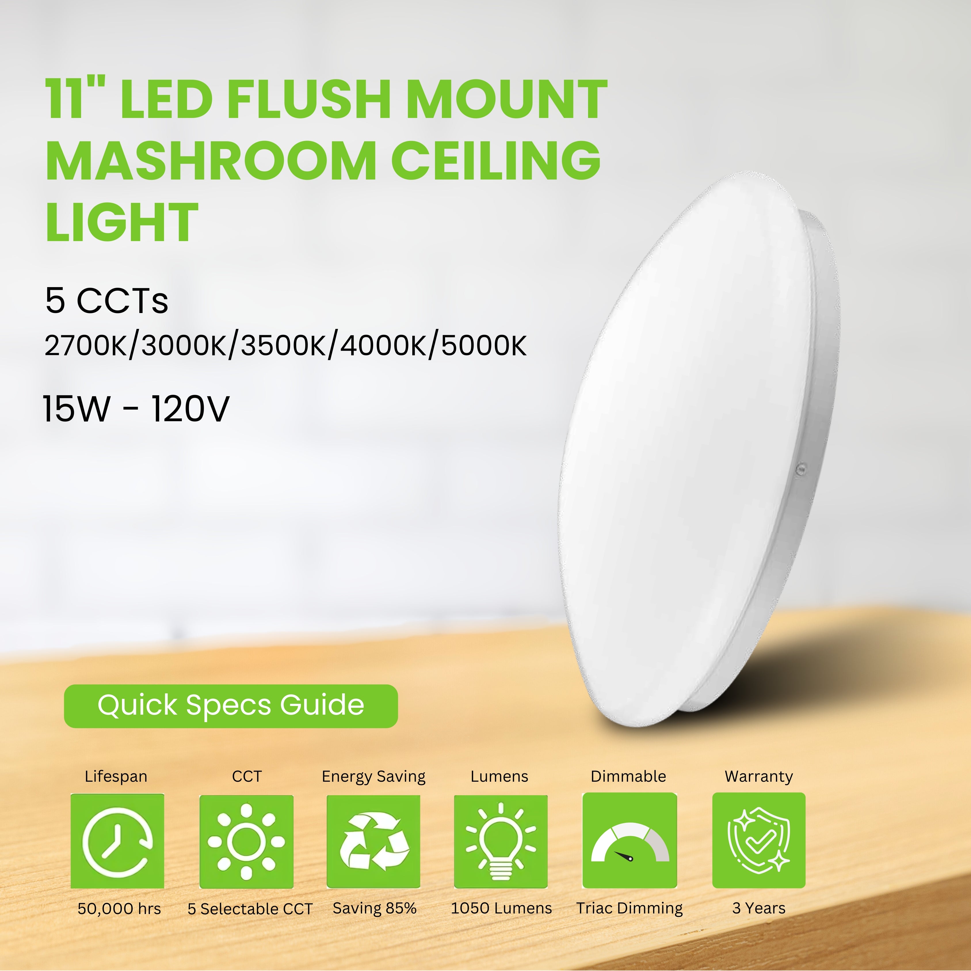 11" LED Mushroom Ceiling Light - 15W - 1050 LM - 6 Pack - Flush Mount - Selectable 5 CCTs - Triac Dimming - ETL