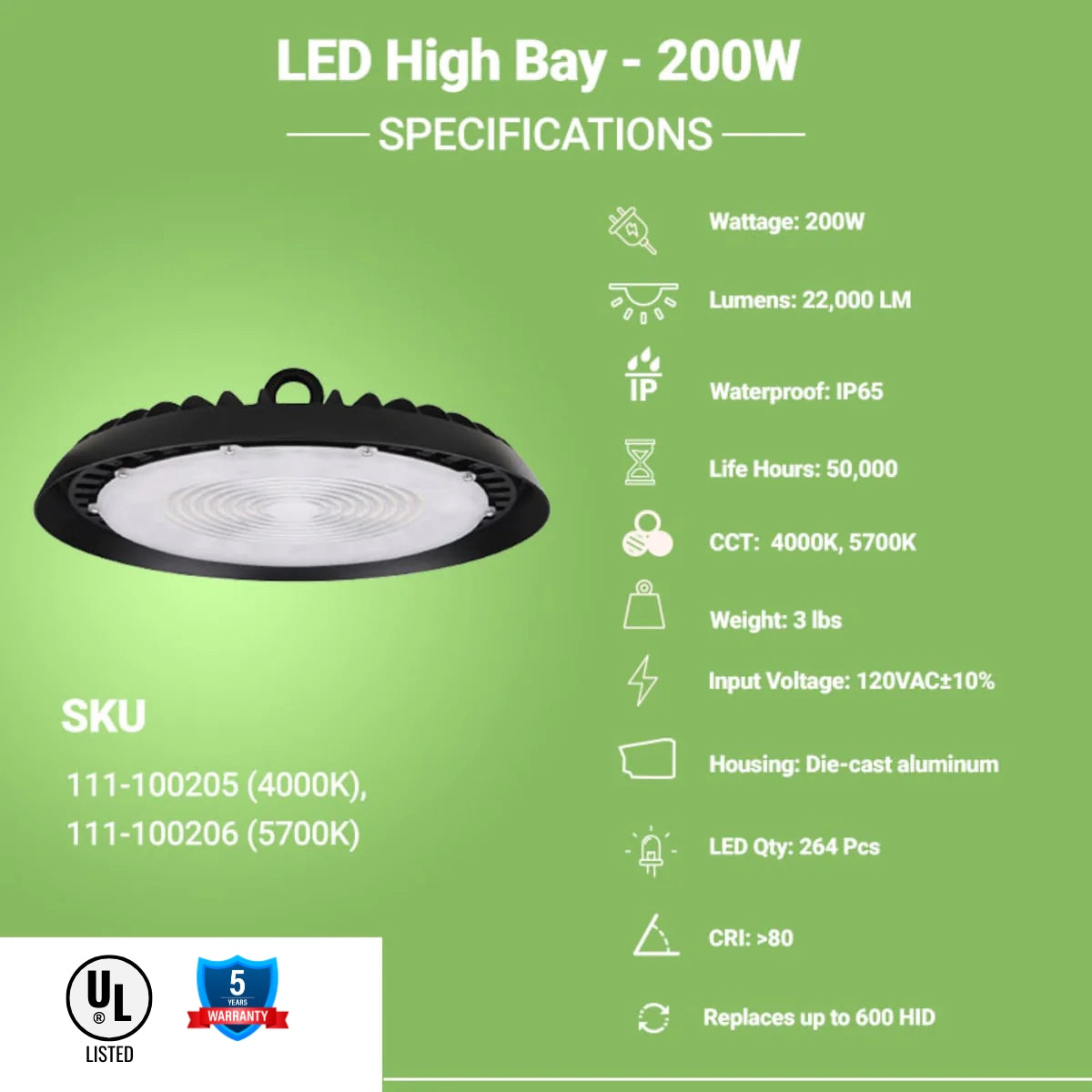 LED High Bay - 200W - 22,000 Lumens - Slim UFO - Hook Mount - UFO Series - UL