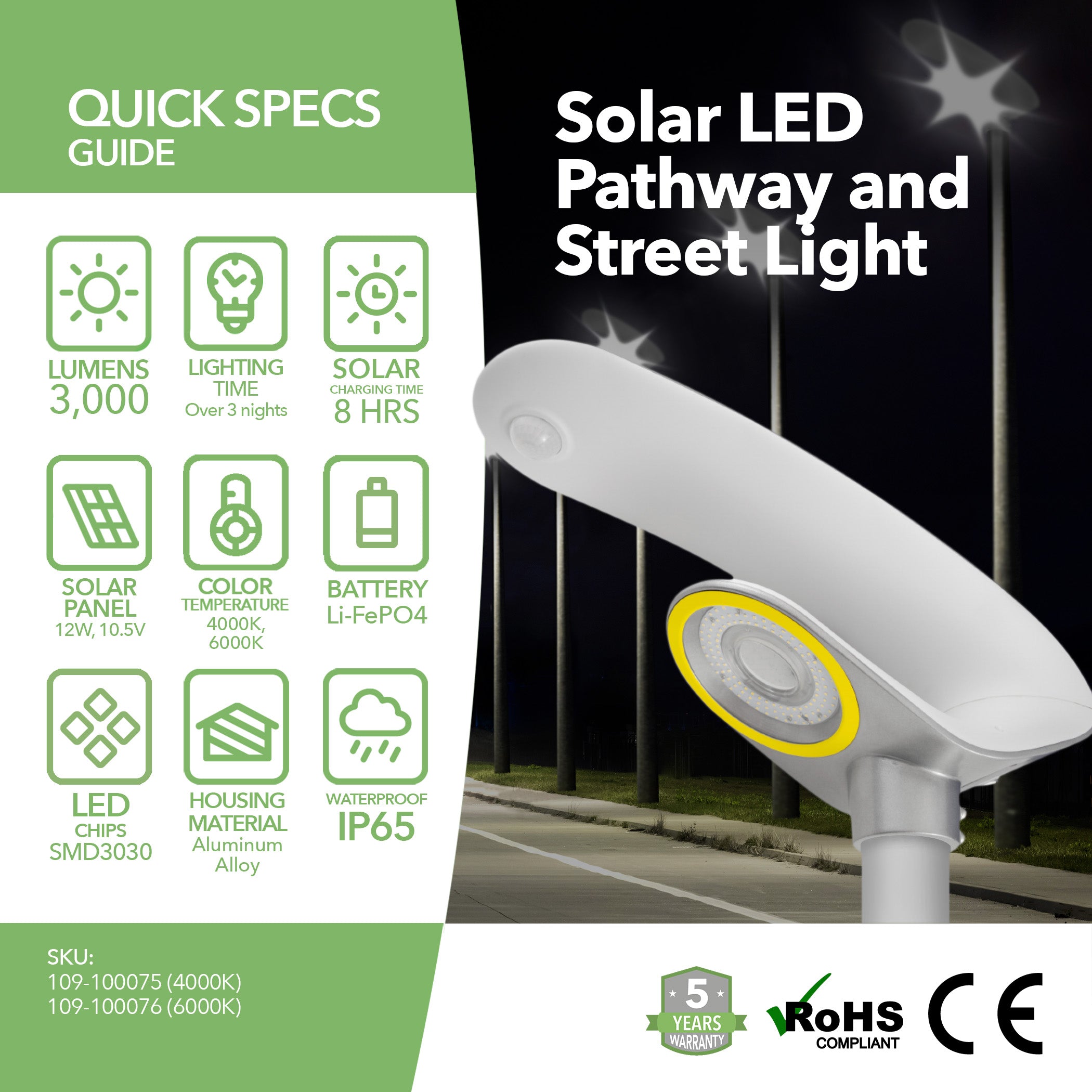 LED Solar Street Light with Solar Panels - 3,000 LUMENS - CURVED