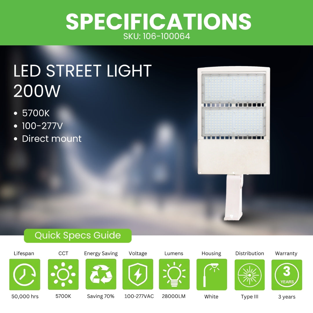 LED Street Light - 200W - Shorting Cap - Direct Mount - G07 Series - UL Listed - 5700K