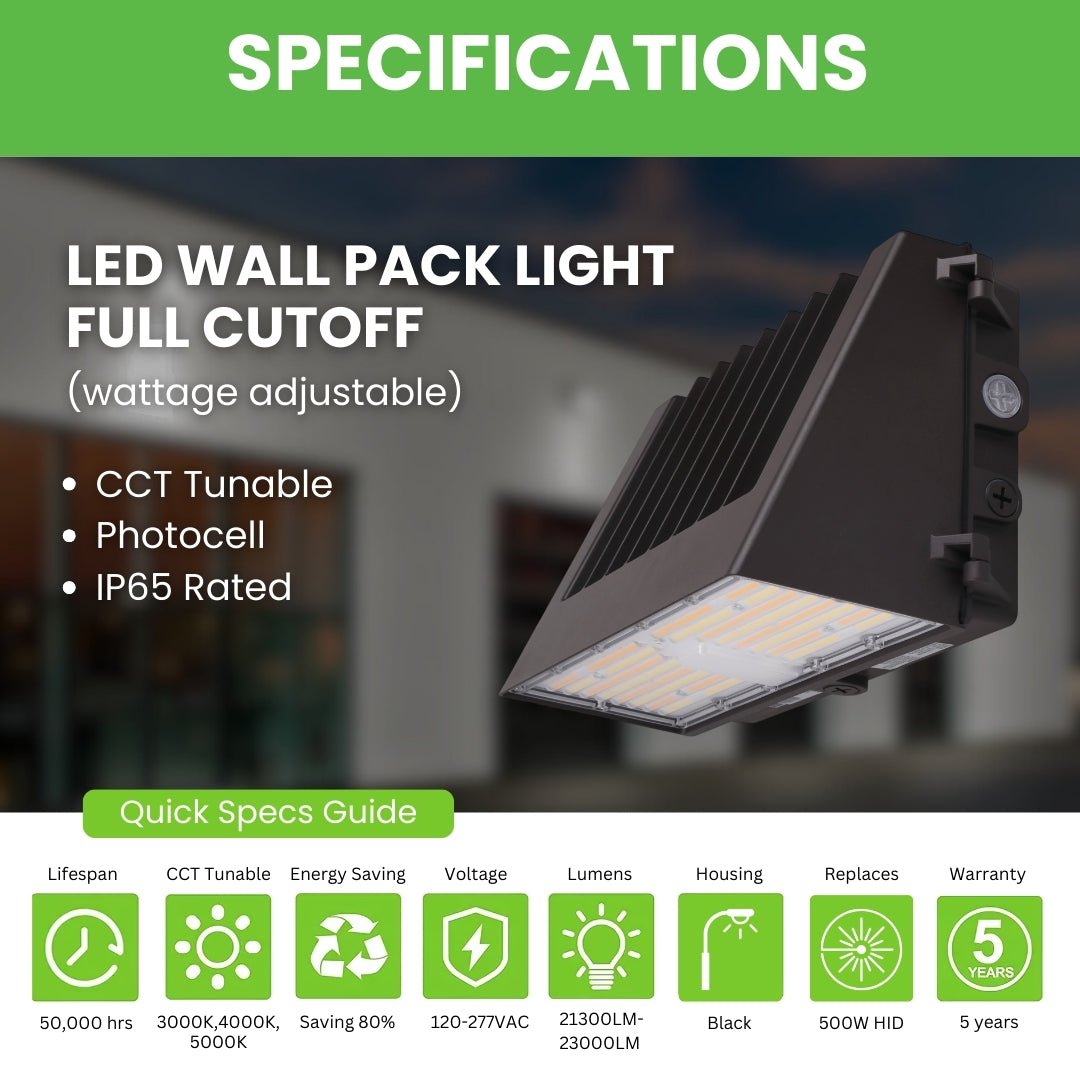 LED Wall Pack Light - Full Cutoff - Wattage Selectable (150W/120W/100W) - CCT Tunable - Dark Sky - Photocell Included - Surge Protective Device - DLC Listed