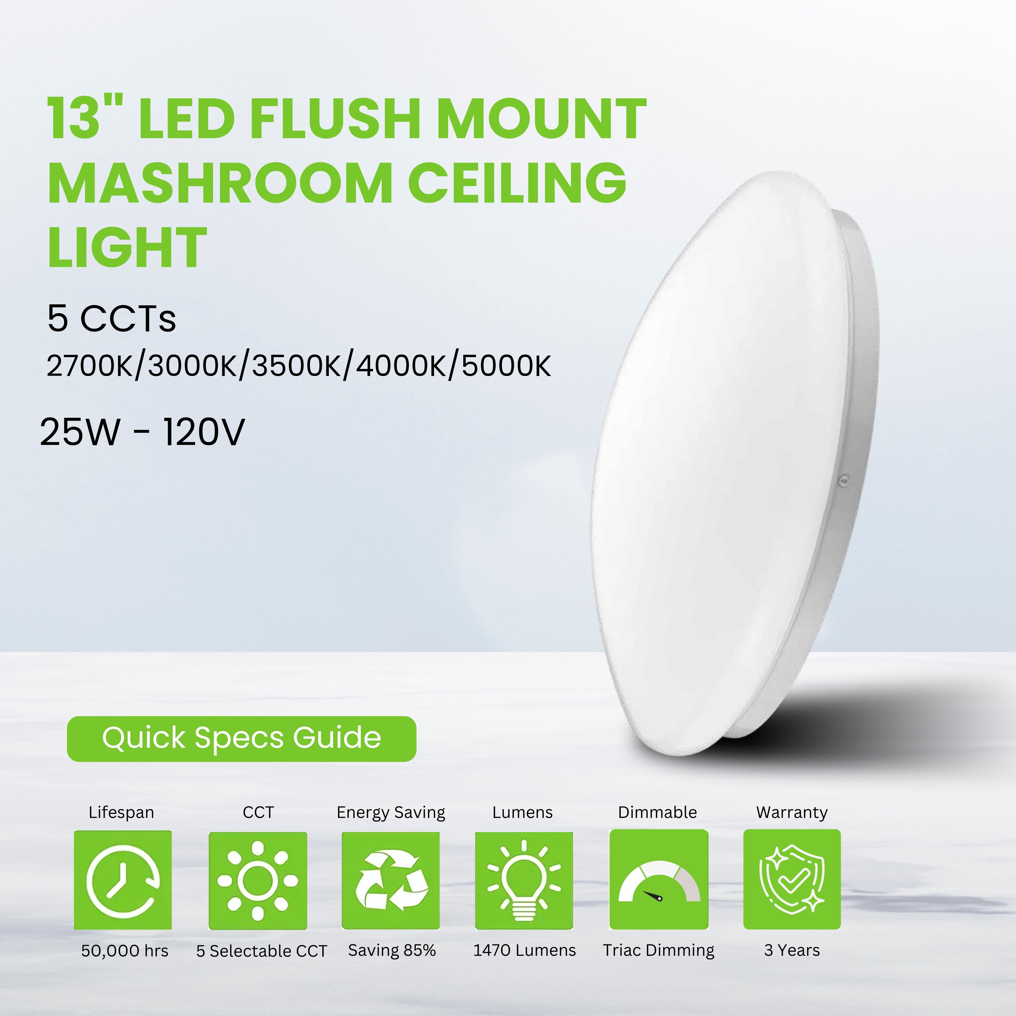 13" LED Mushroom Ceiling Light - 25W - 1470 LM - 6 Pack - Flush Mount - Selectable 5 CCTs - Triac Dimming - ETL