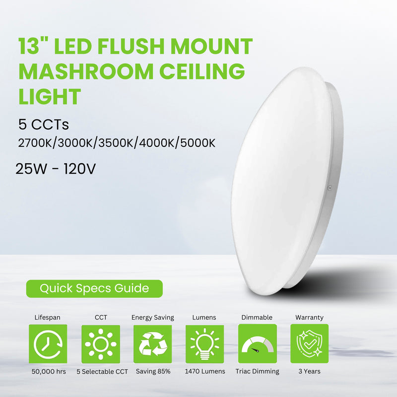 13" LED Mushroom Ceiling Light - 25W - 1470 LM - 6 Pack - Flush Mount - Selectable 5 CCTs - Triac Dimming - ETL & ES