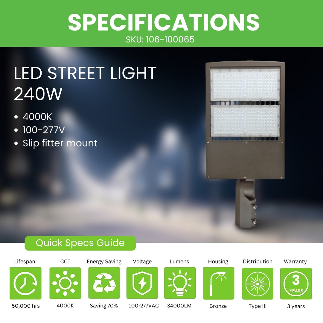 LED Street Light - 240W - 140 LM/W - Shorting Cap - Slip Fitter Mount - G07 Series - UL Listed - 4000K