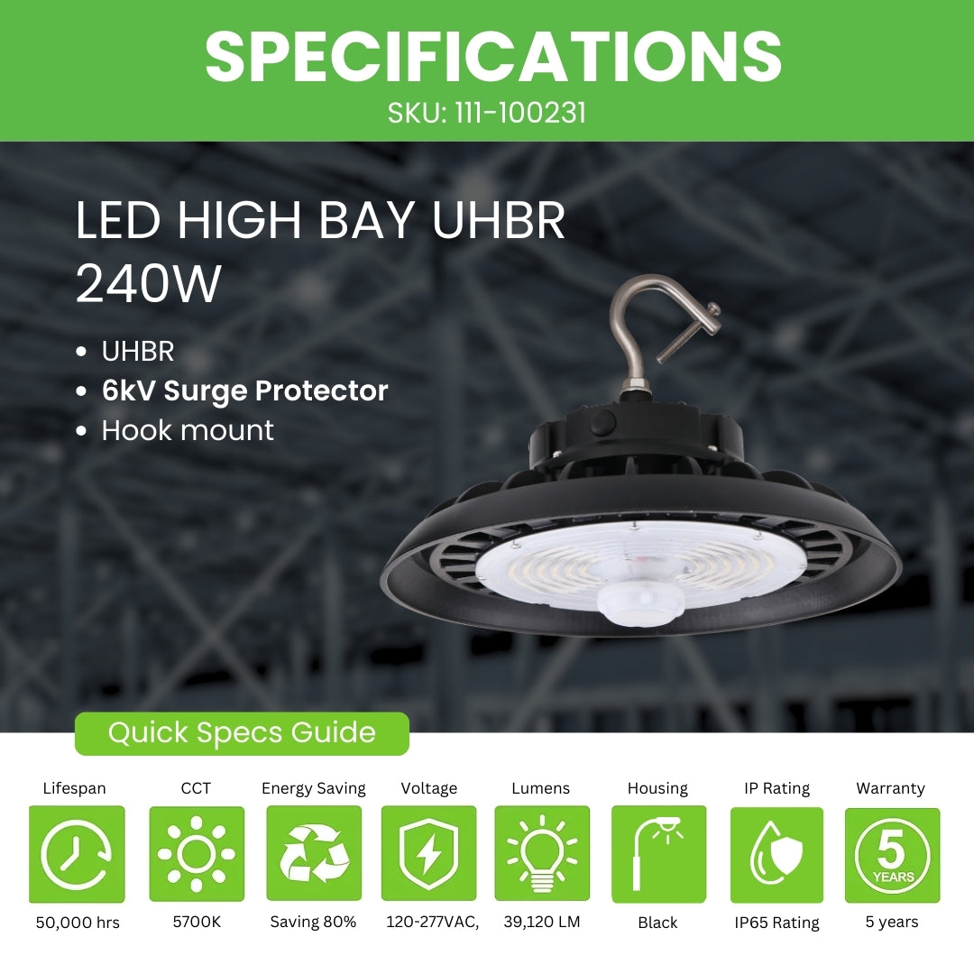 LED High Bay - 240W - 39,120 Lumens - PIR Sensor - UHBR - Hook Mount - UL+DLC5.1
