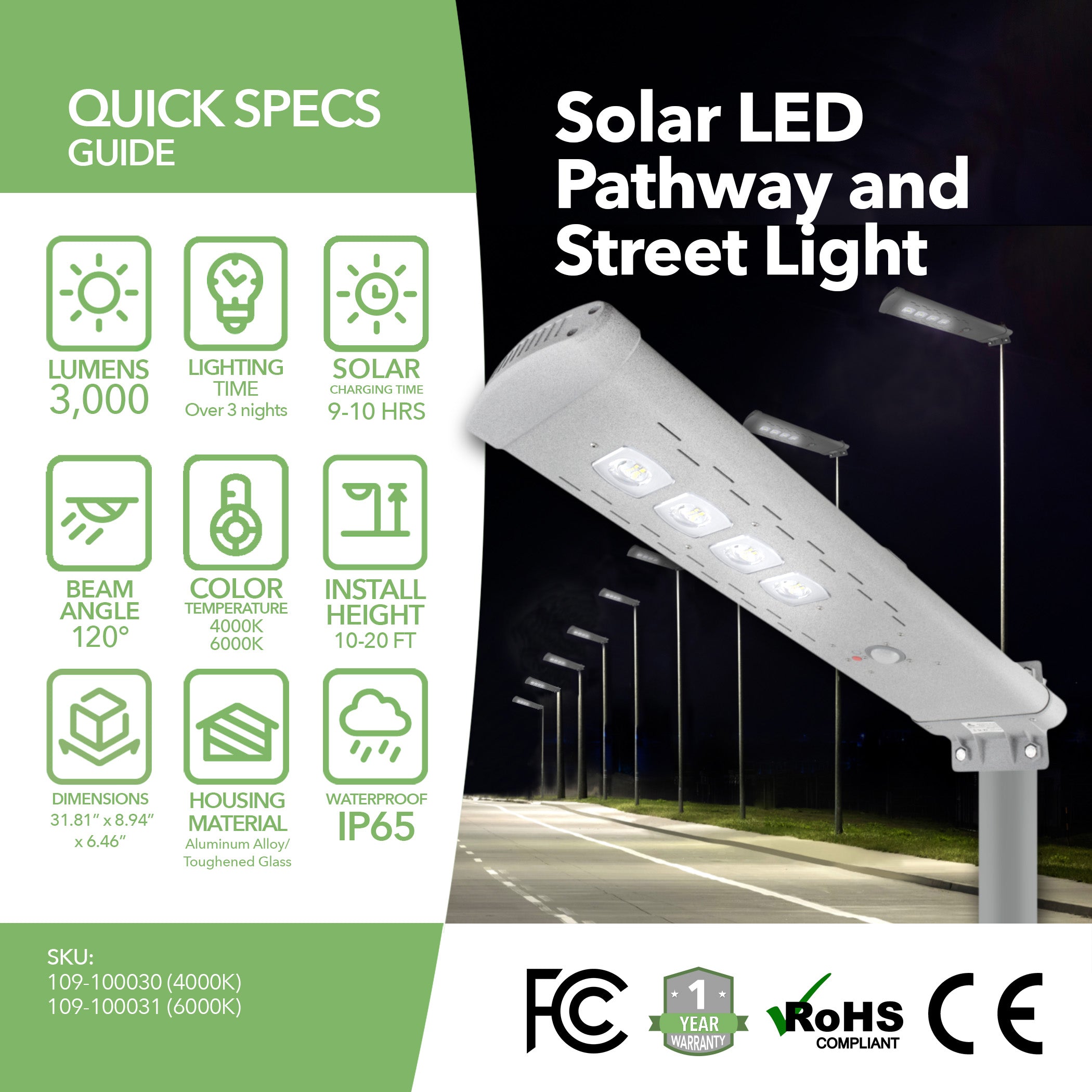 LED Solar Street Light - 3,000 Lumens - Remote Control