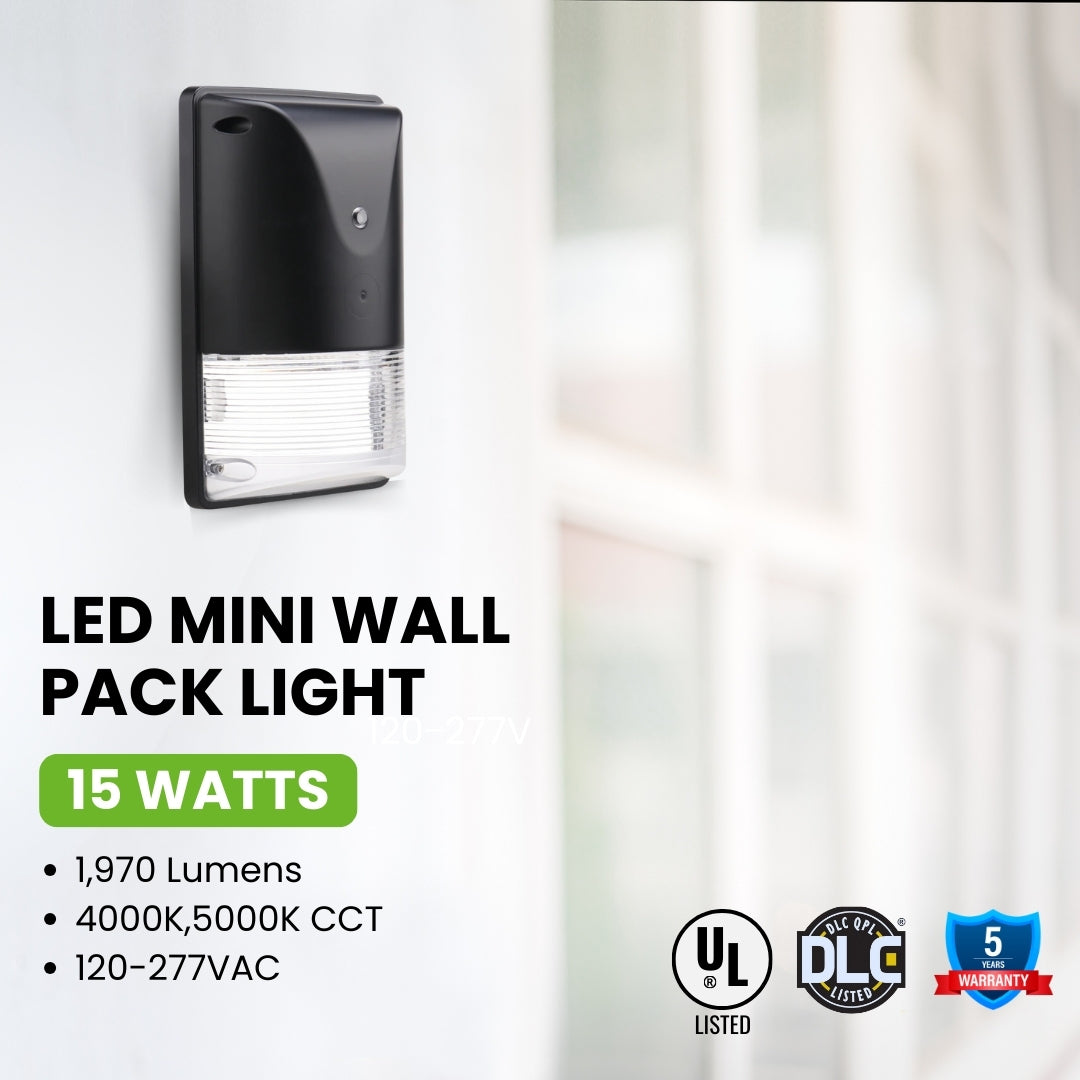 15W LED Mini Wall Pack Light - Small - With Photocell - MWP4 - (UL + DLC)