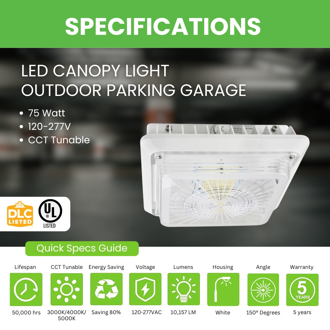75W LED Canopy Light - Surge Protected - CCT 3000/4000/5000K - Outdoor Parking Garage Light - PG02 - White - (UL+DLC Listed)