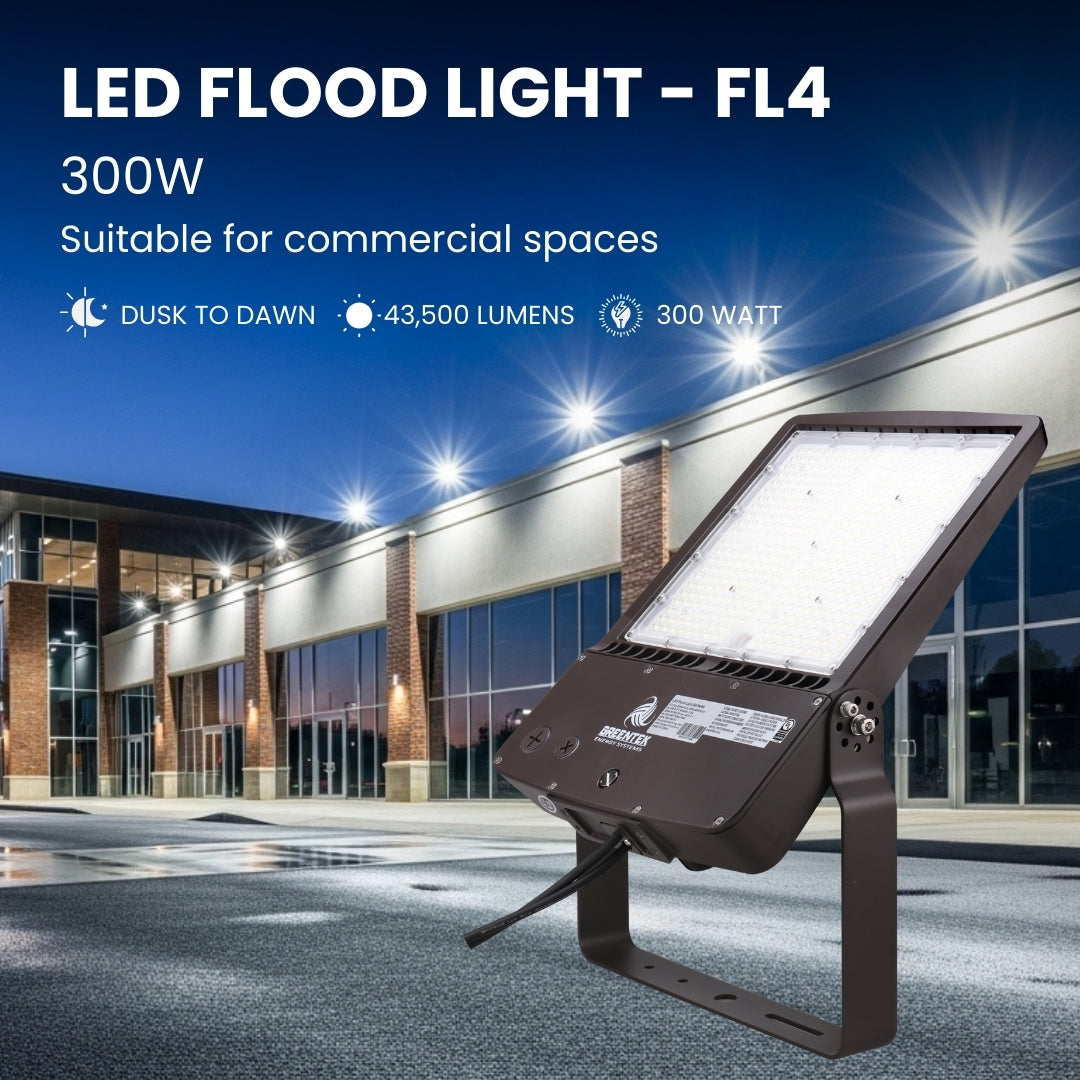 LED Flood Light – FL4 – 300W – 43500LM – Built-in DC Photocell – Flood Mount – 120-277V – DLC 5.1 Premium