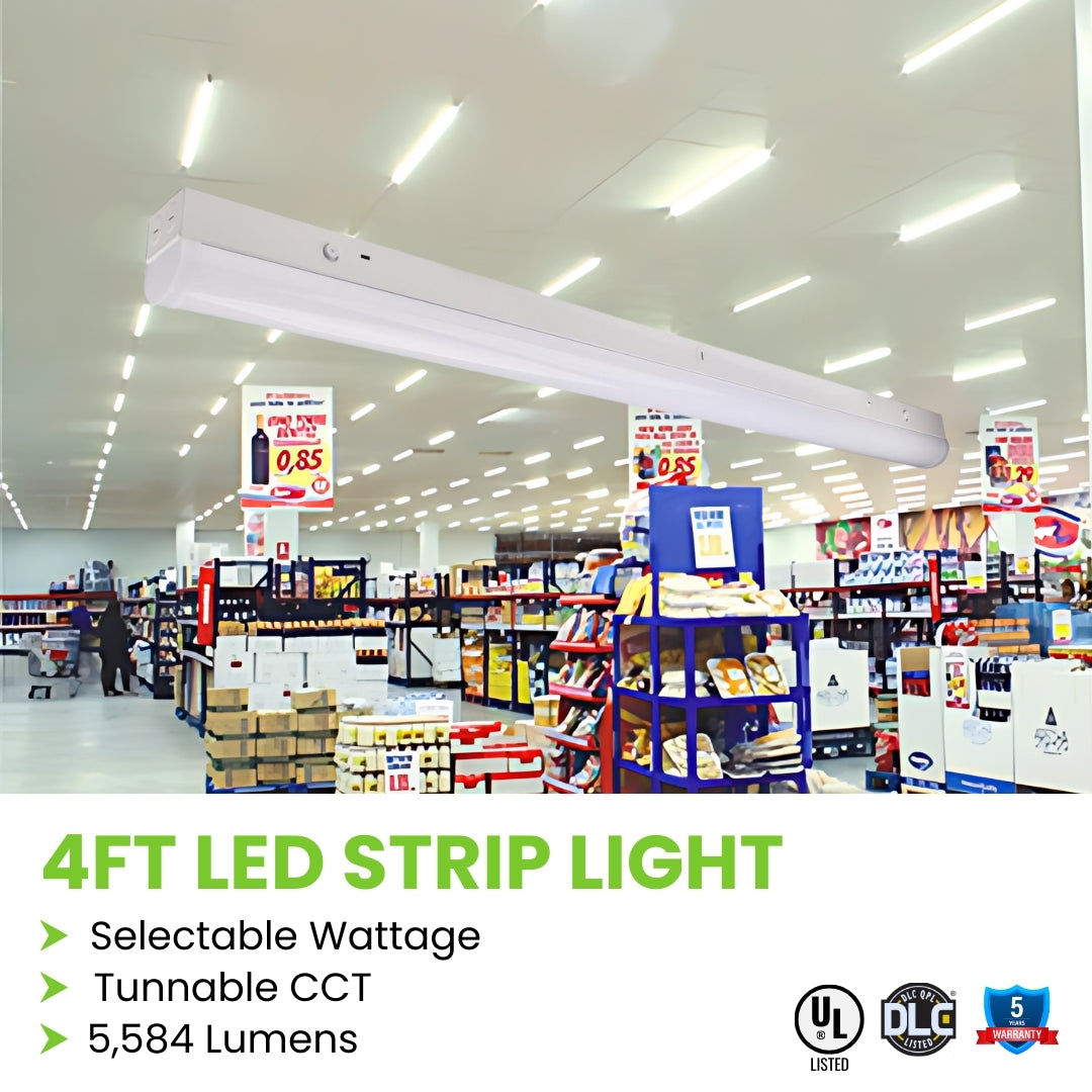 4ft LED Strip Light Fixture - Tunable Wattage - 40W/ 30W/ 20W - Selectable CCT 3000K/ 3500K/ 4000K/ 5000K/5700K/ 6500K - Up To Lumens - UL, DLC