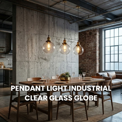 Industrial Clear Glass Globe Pendant Light – Modern Brass Hanging Ceiling Fixture for Kitchen Island, Dining Room, Cafe & Restaurant – E26/E27 Socket