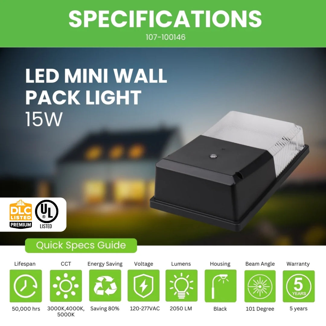15W LED Mini Wall Pack Light - CCT Tunable - Small - UL DLC 5.1 Premium