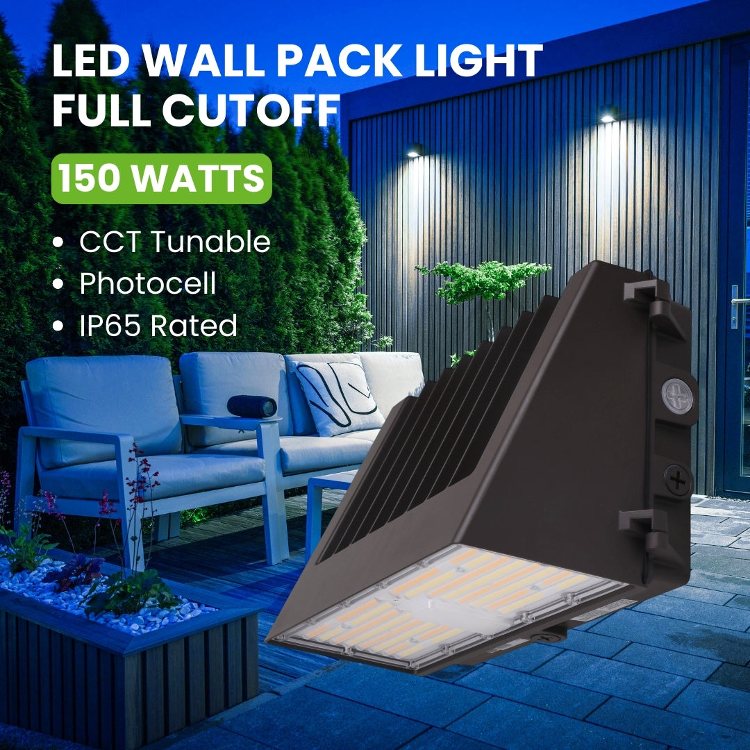 LED Wall Pack Light - Full Cutoff - Wattage Selectable (150W/120W/100W) - CCT Tunable - Dark Sky - Photocell Included - Surge Protective Device - DLC Listed