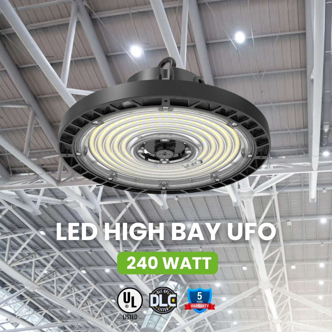 LED High Bay -  146 LM/ W- Wattage Tunable (240/200/150W) - CCT Selectable (5000K/4000K) - UFO7 - Hook Mount - Black - UL DLC 5.1