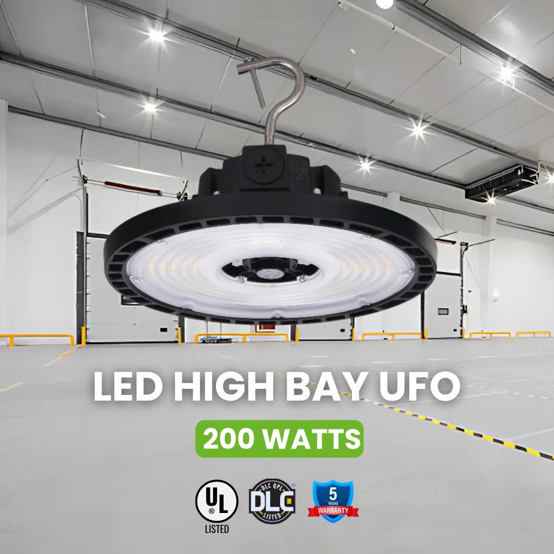 LED High Bay -  156 LM/ W- Wattage Tunable (200/150/120W) - CCT Selectable (5000K/4000K) - UFO7 - Hook Mount - Black - UL DLC 5.1