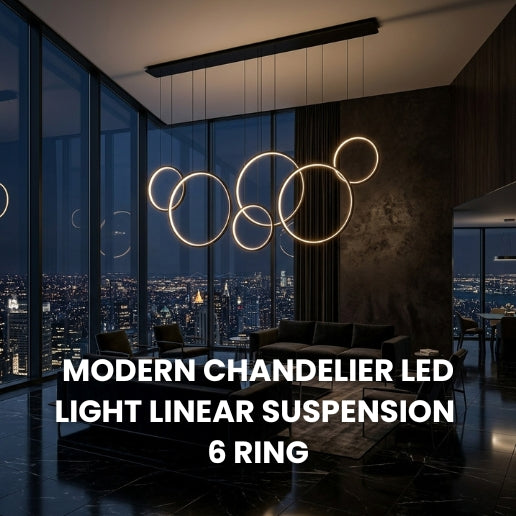 Modern 6 Ring LED Linear Suspension Chandelier Light Black & White 130W Contemporary Ceiling Fixture
