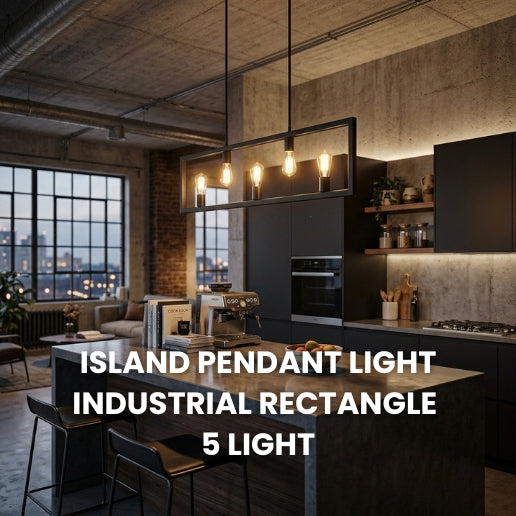 Industrial Rectangle Island Pendant Light 5-Light Black Iron Hanging Fixture for Kitchen Island & Dining Table