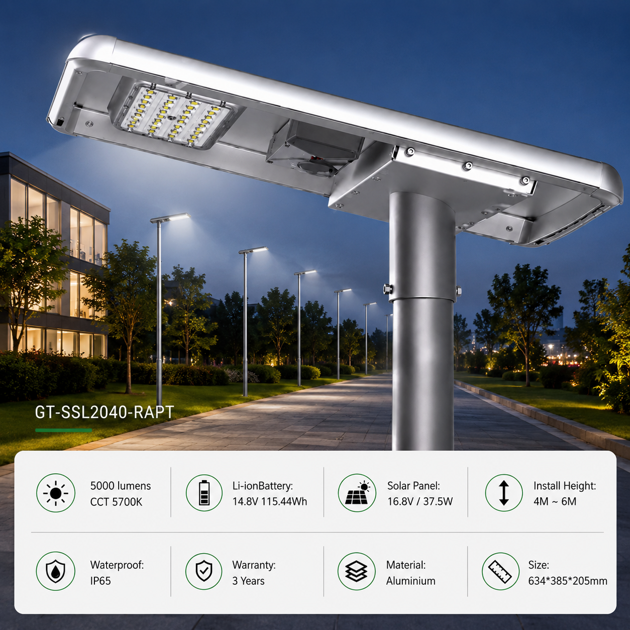 40W  Raptor Solar LED Street Light - 5000 Lumens - 5700K - IP65 Waterproof with Li-ion Battery