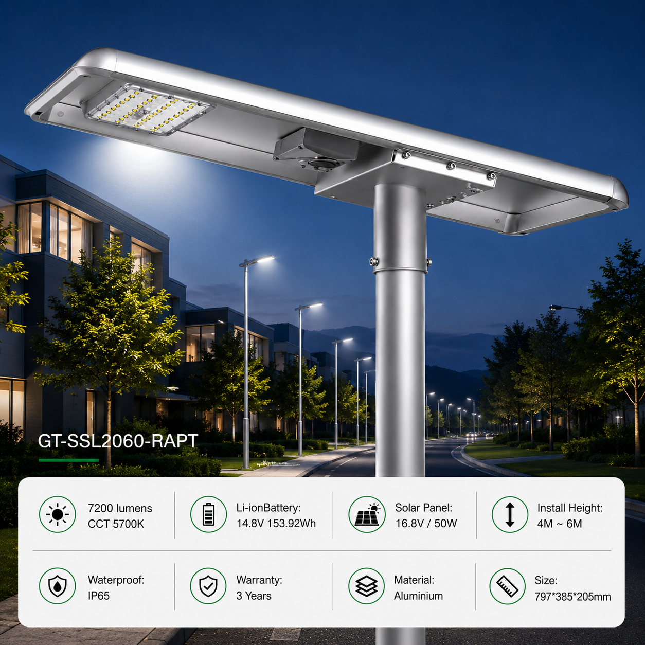 60W Raptor Solar LED Street Light - 7200 Lumens  - 5700K IP65 Waterproof with Li-ion Battery
