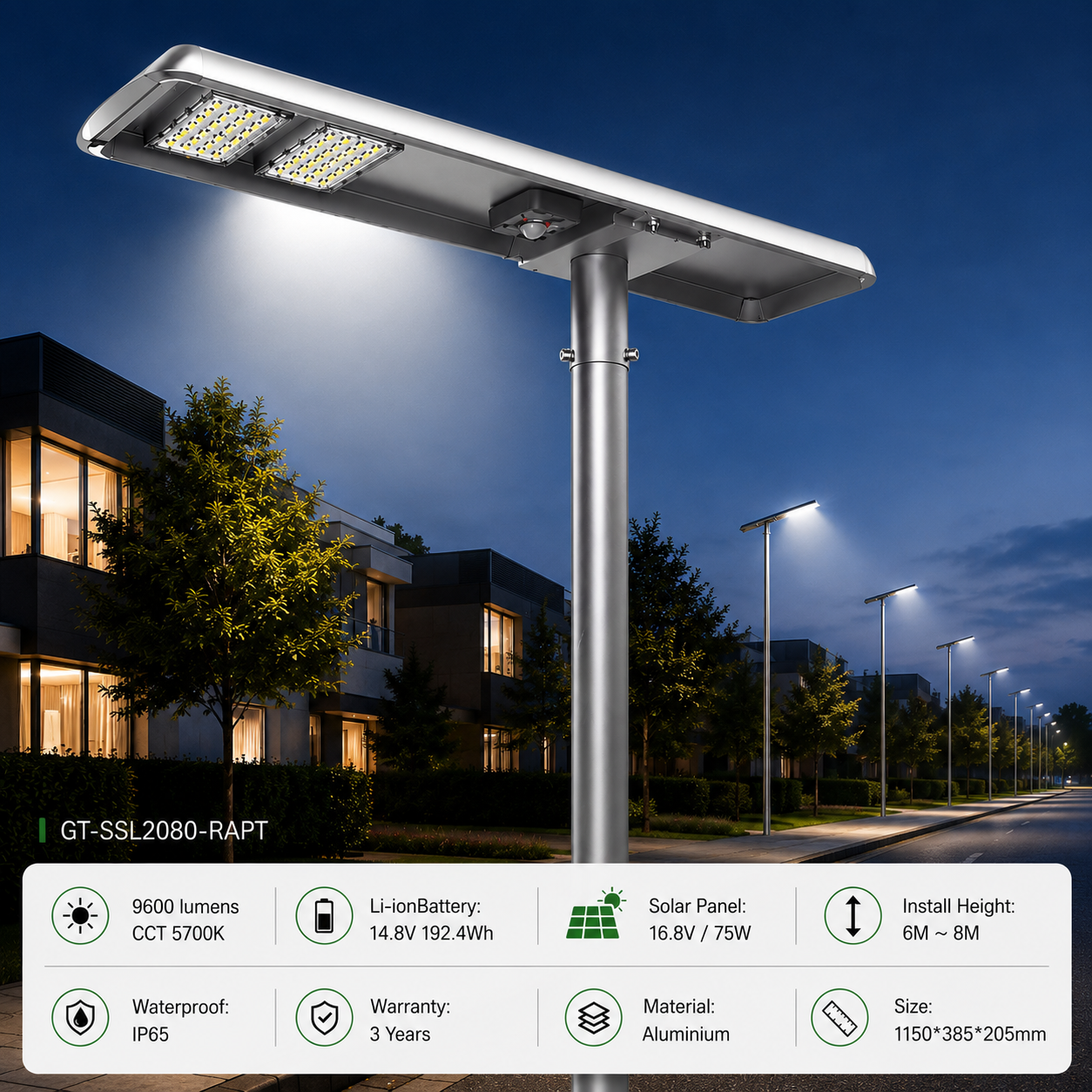 80W Raptor Solar LED Street Light -9600 Lumens - 5700K IP65 Waterproof with Li-ion Battery
