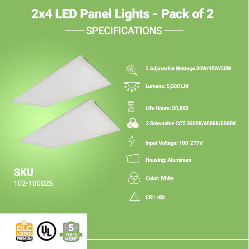 2x4 LED Panel Lights - Pack of 2 - Adjustable Watts (30W/40W/50W) and Color Tunable (3500/4000/5000K) - Dimmable - (ETL+DLC 5.1) v2