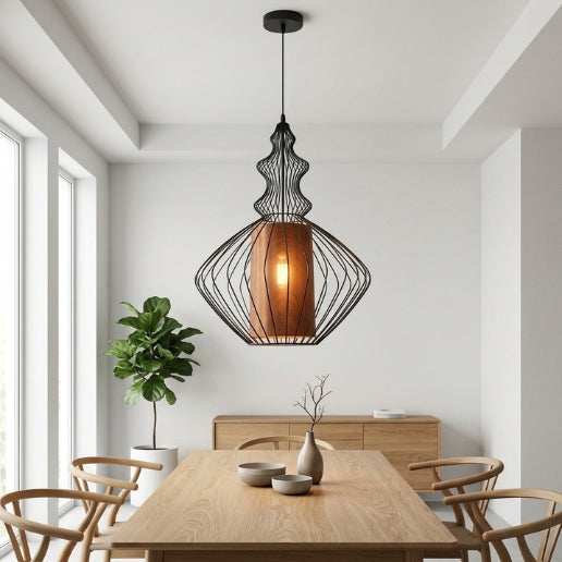 Black Wire Frame Pendant Light – Airy Industrial Hanging Ceiling Fixture E26/E27 40W