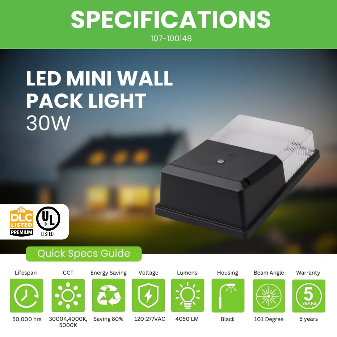 30W Wall Pack Light - Small - With DC Photocell - Tunable CCTs - MWP5 - (UL + DLC 5.1 Premium)