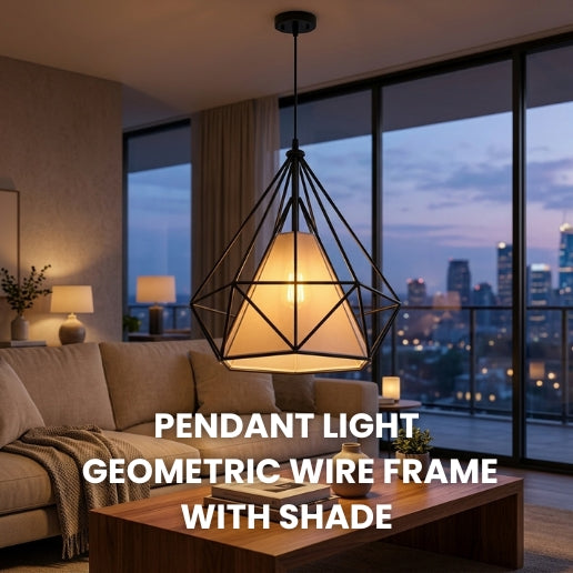 Pendant Light White Geometric Wire Frame With Shade | Modern Iron Hanging Ceiling Light