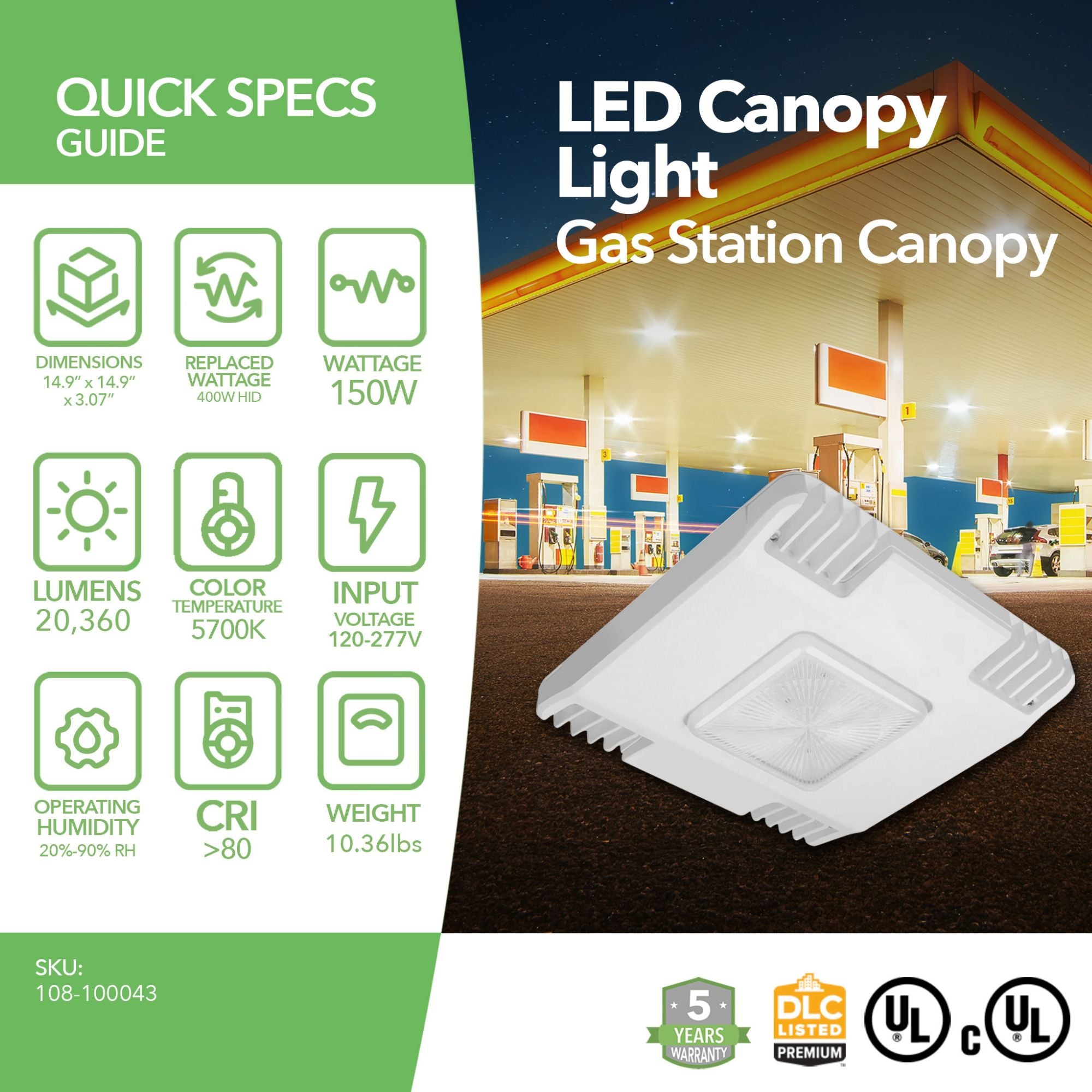 150W LED Canopy Light | 20360 lumens Gas Station Canopy In USA