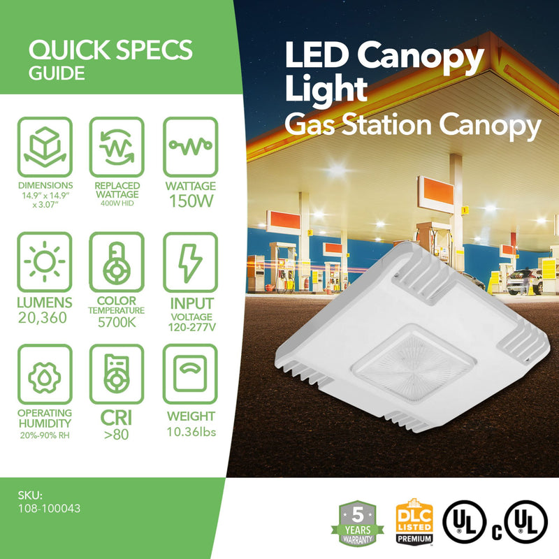 specifications of LED Canopy light 150W in white color by Greenlight Depot